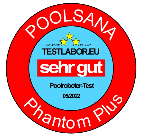 Знак на testlabor.eu за POOLSANA Phantom Plus со оцена sehr gut во тест на роботи за базен 05/2022
