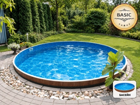 Азуро 400DL базов комплект – кръгъл басейн с облицовка Brown Wood в градина