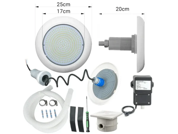 LED прожектор за басейн POOLSANA VARIO 18W със студено бяла светлина комплект с трансформатор и кабелна кутия