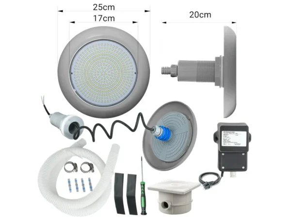 LED прожектор за басейн POOLSANA VARIO 18W със сива бленда комплект с трансформатор и кабелна кутия