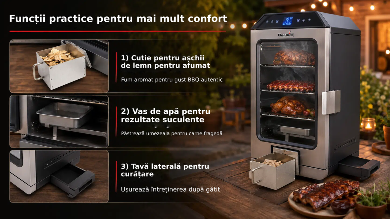Afumătoare electrică Char-Broil Digital Electric Smoker 2 – control digital și sondă termică – Funcții practice pentru mai mu