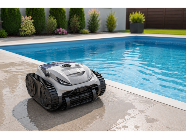 Аккумуляторный робот для бассейна Poolsana C11P Pathfinder крупным планом на плитке у бассейна
