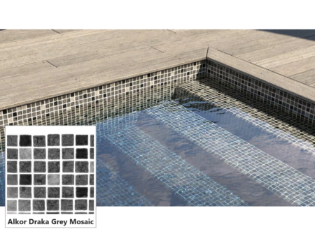 Армиран линер Alkor Draka Grey Mosaic – мостра на десена и басейн със стълби със сива мозайка