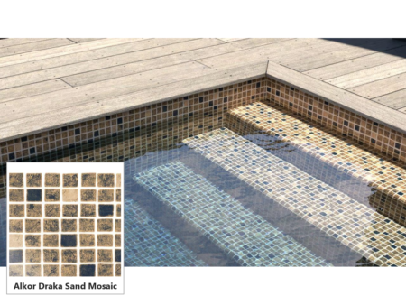 Армиран линер Alkor Draka Sand Mosaic – мостра на десена и басейн със стълби с пясъчна мозайка