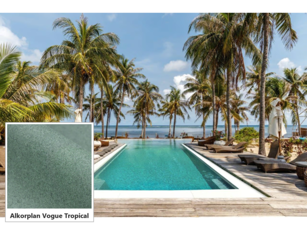 Liner armat Alkorplan Vogue Tropical – mostră de design gri-verzui și piscină cu palmieri