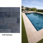Armierte Poolfolie Cefil Keramik Darkstar – Dekormuster und Pool mit der Poolfolie