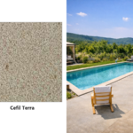 Armierte Poolfolie Cefil Nature Terra – Dekormuster und Pool mit der Poolfolie