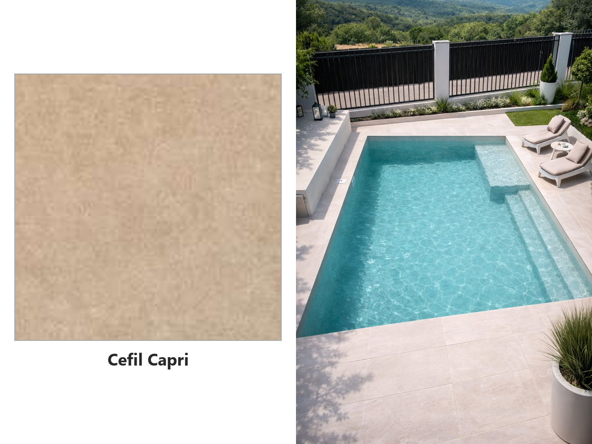 Армированный лайнер Cefil Onyx Capri – образец рисунка и бассейн с лайнером Армированный лайнер Cefil Onyx Capri – образец рисунка и бассейн с лайнером