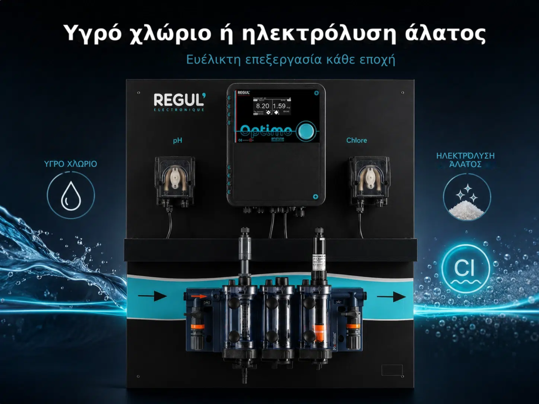 Αυτόματο σύστημα REGUL Optimo για ολοκληρωμένο έλεγχο του νερού της πισίνας – Υγρό χλώριο ή ηλεκτρόλυση άλατος, Ευέλικτη επεξ