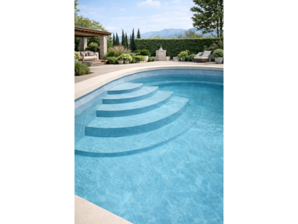 Pool mit abgerundeter Treppe und armierter Poolfolie Cefil Victoria Grigio
