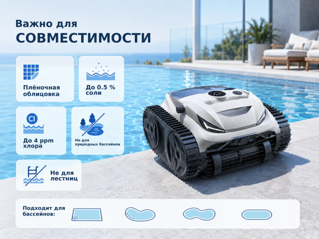 Беспроводной робот для бассейна POOLSANA C11P Pathfinder – очистка дна, стен и ватерлинии до 120 м² – Важно для, СОВМЕСТИМОСТ