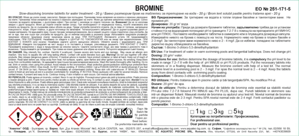 Етикет на бромни таблетки BROMINE 20 г с инструкции за употреба и дозиране на български, английски и румънски