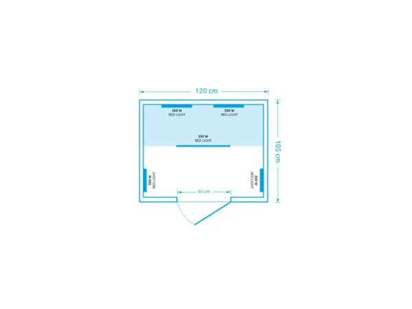 Drawing with dimensions of the Marimex POPULAR 2003 L infrared sauna – 120 × 105 cm, 60 cm door and Red Light heaters