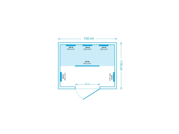 Drawing with dimensions of the Marimex POPULAR 3003 XL infrared sauna – 150 × 110 cm, 60 cm door and Red Light heaters