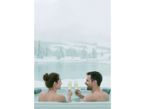 Двойка се отпуска в градинско джакузи Njord Baden сред зимен пейзаж