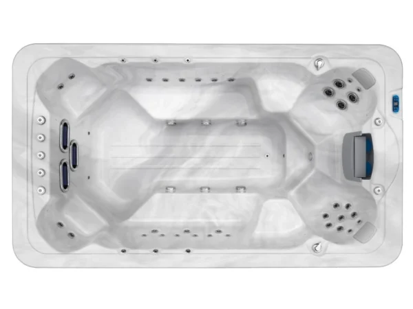 Top view of an Aquas swim spa – swim zone in the middle and seats at the ends
