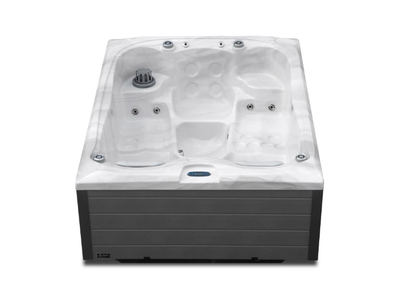 Jacuzzi Emerald Basic în marmură albă, vedere spre skimmer și panoul de comandă de pe margine