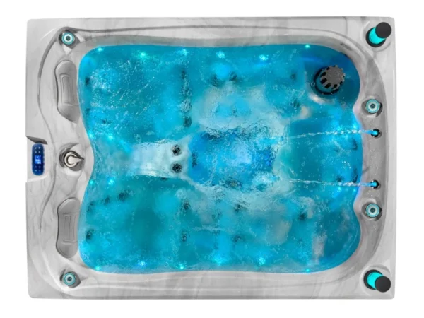 Jacuzzi Emerald în marmură albă cu jeturi de masaj în funcțiune și două fântâni mici