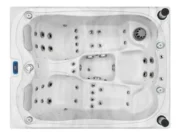 Jacuzzi Emerald în marmură albă văzut de sus – amplasarea duzelor pe șezlonguri și pe șezut