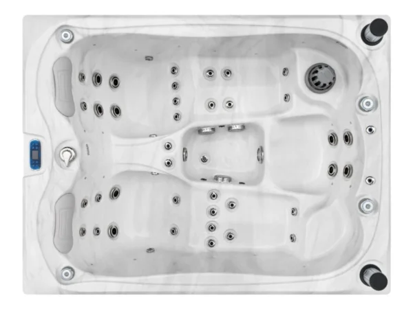 Jacuzzi Emerald în marmură albă văzut de sus – amplasarea duzelor pe șezlonguri și pe șezut