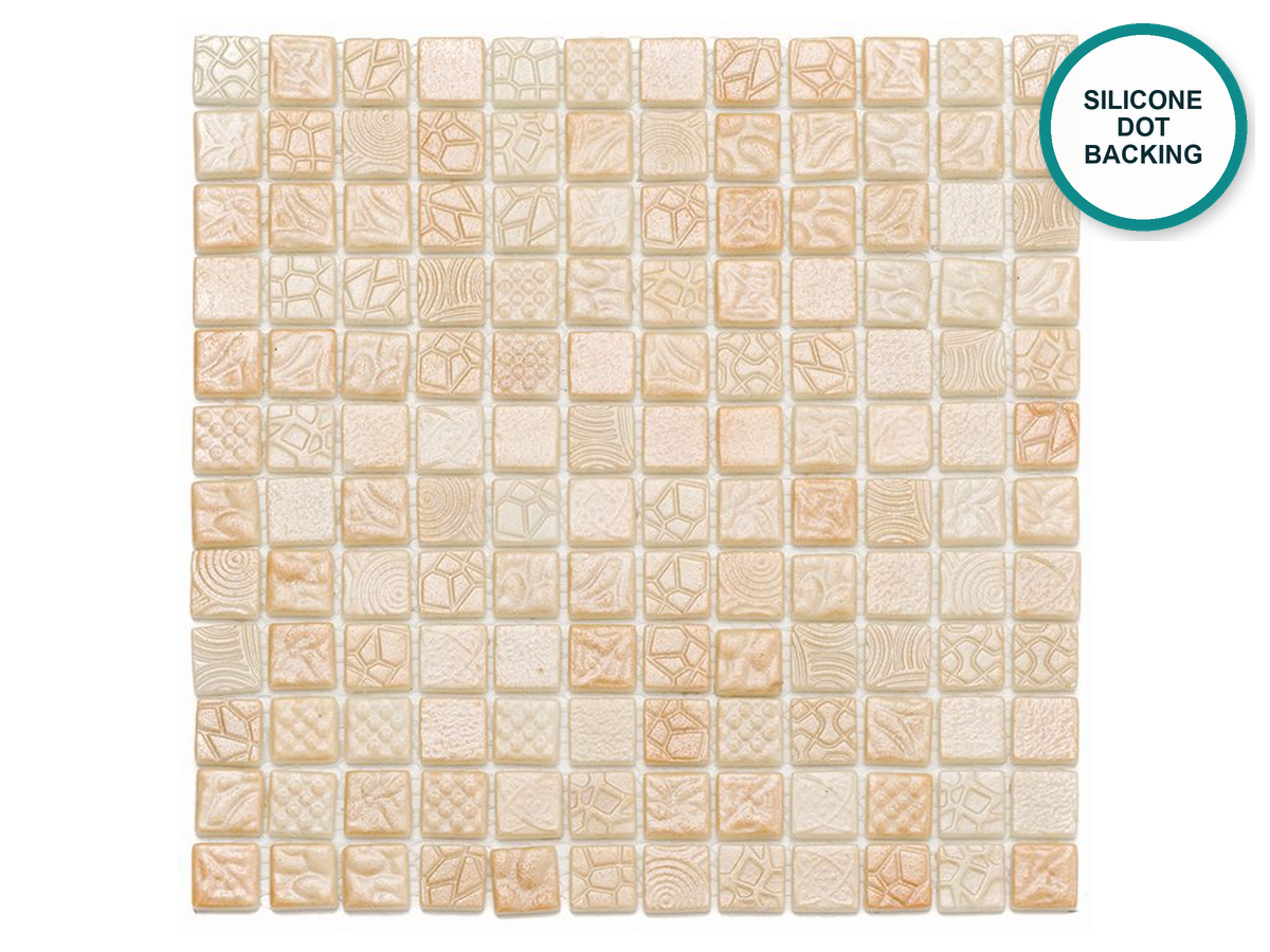 Embossed glass-ceramic bathroom mosaic Mandorla – cream with beige shades, 317 × 317 mm sheet