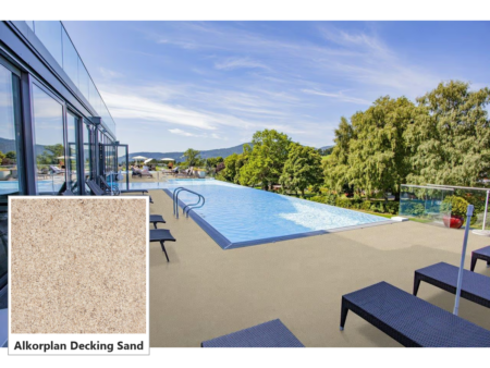 Фолио Alkorplan Decking Sand – мостра и пясъчна настилка около басейн на тераса