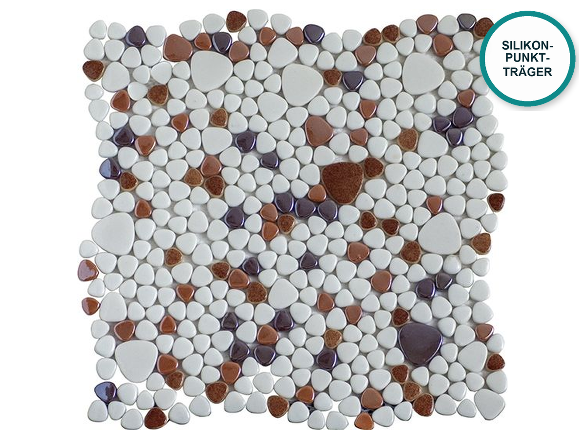 Glaskeramik-Mosaik Tropfen für das Bad Cala Luna – Weiß mit braunen und lila Tropfen, Blatt 325 × 325 mm