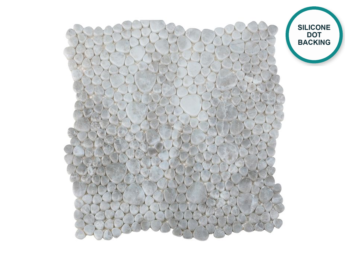 Glass-ceramic drops mosaic for bathroom Dolomiti – light grey with white drops, sheet 325 × 325 mm