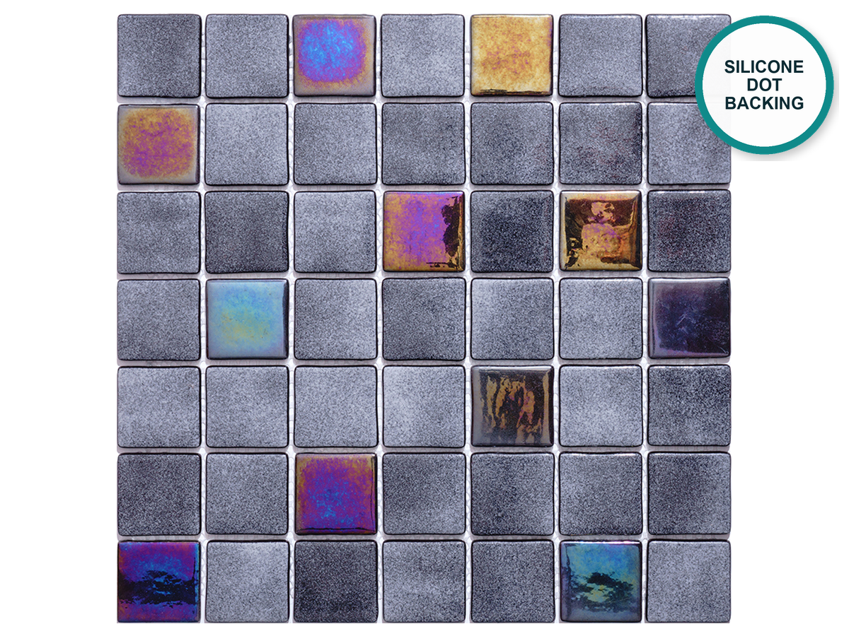 Glass-ceramic pool mix Fuerteventura – grey with shimmering squares, sheet 340 × 340 mm