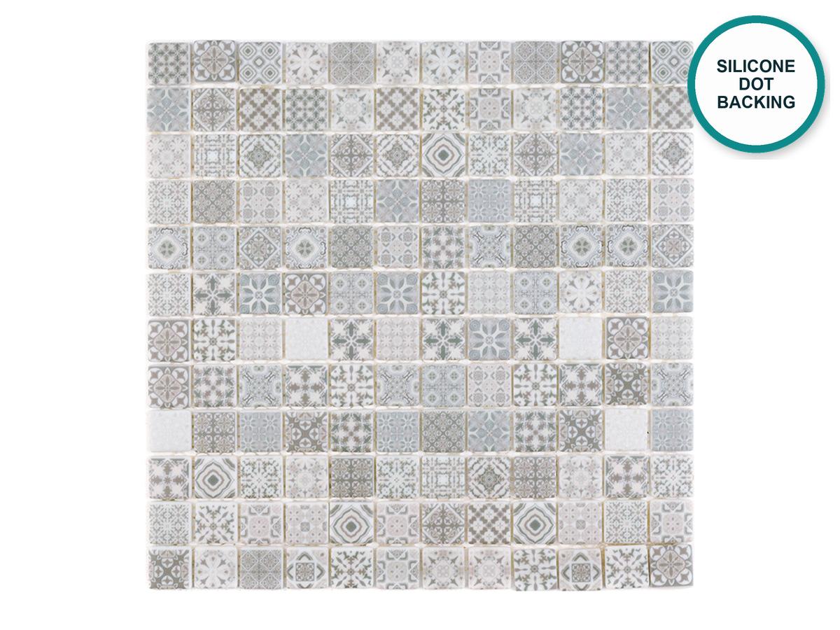 Glass-ceramic patterned mosaic for bathroom Alfama – grey patchwork pattern, sheet 317 × 317 mm