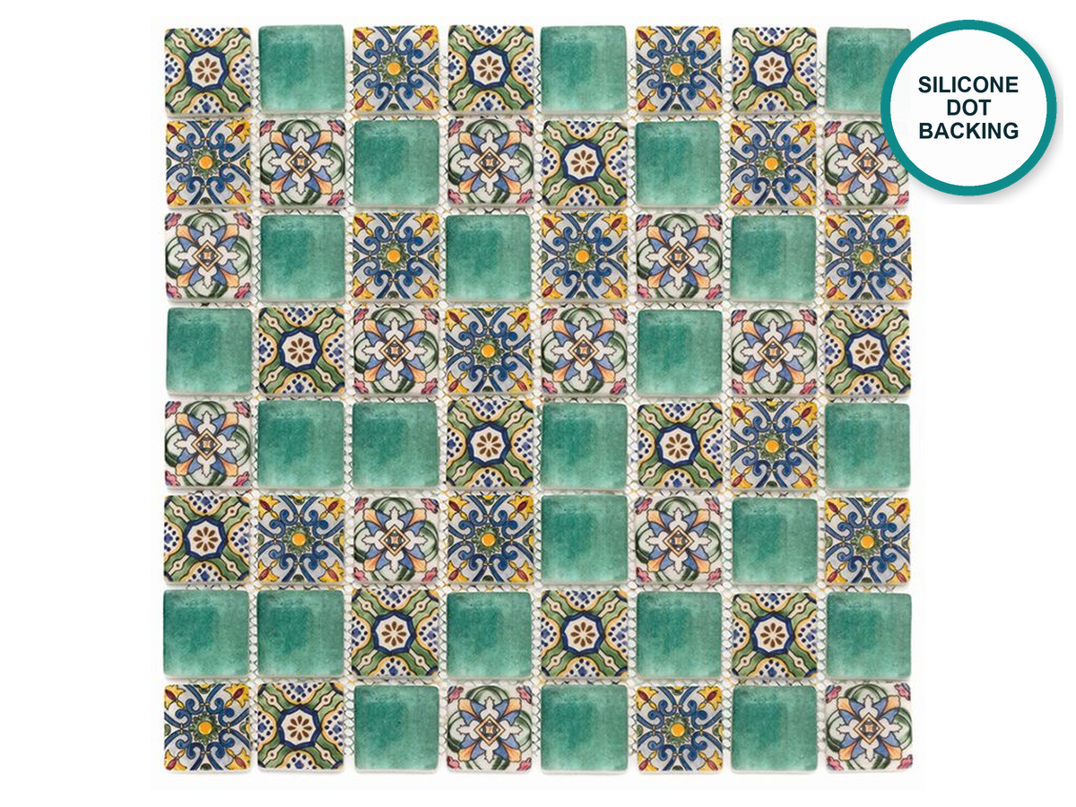 Patterned glass-ceramic bathroom mosaic Jade – green with yellow-blue ornaments, 325 × 325 mm sheet