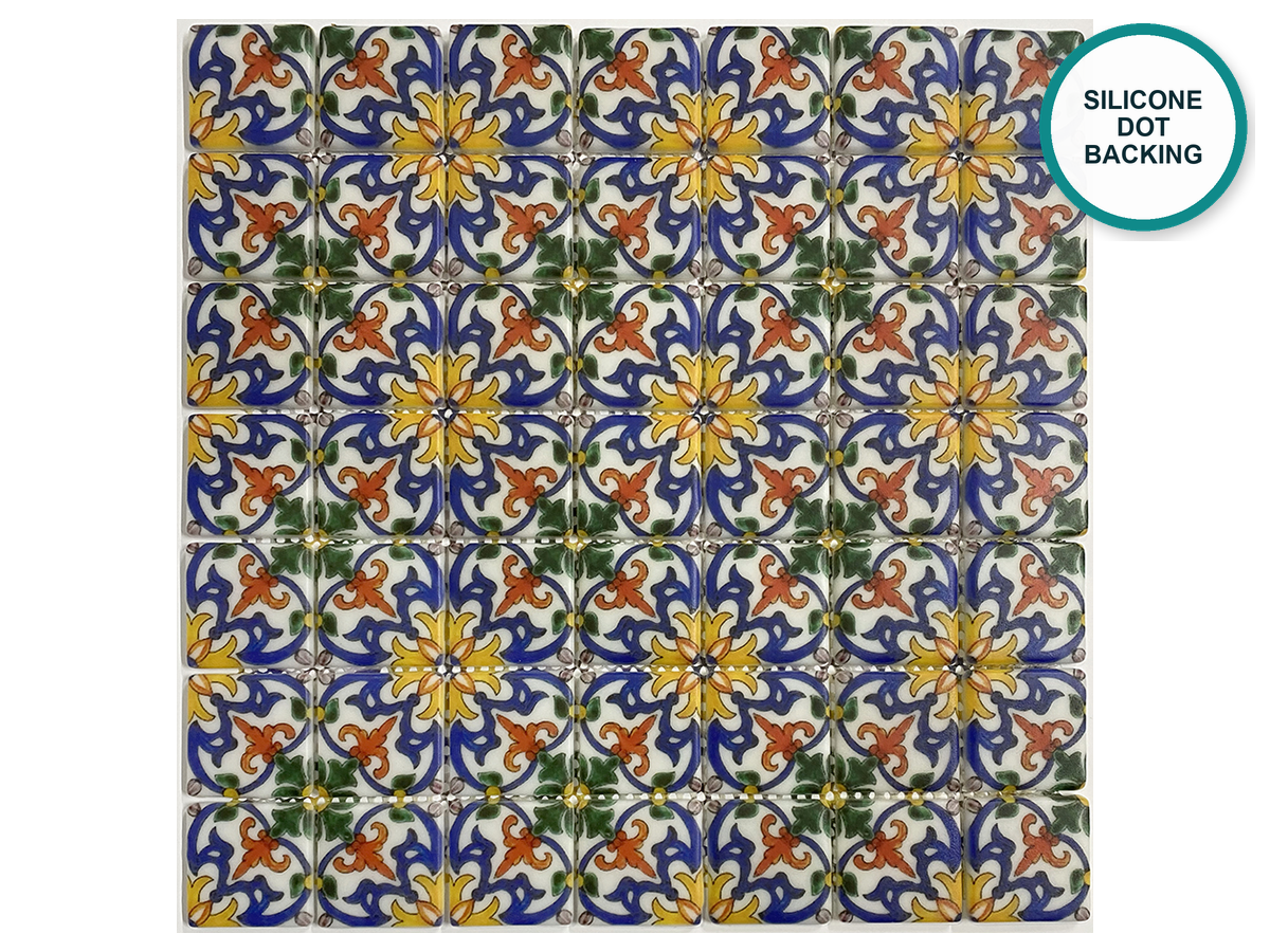 Patterned glass-ceramic mosaic for bathroom Viseu – yellow flowers on a blue-green background, 340 × 340 mm sheet