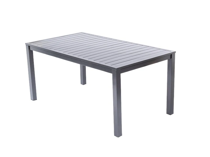 Compact aluminum garden table with a slatted top, view from above and the side