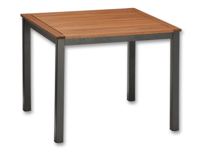 Flamingo garden table with a square eucalyptus top and an aluminum frame