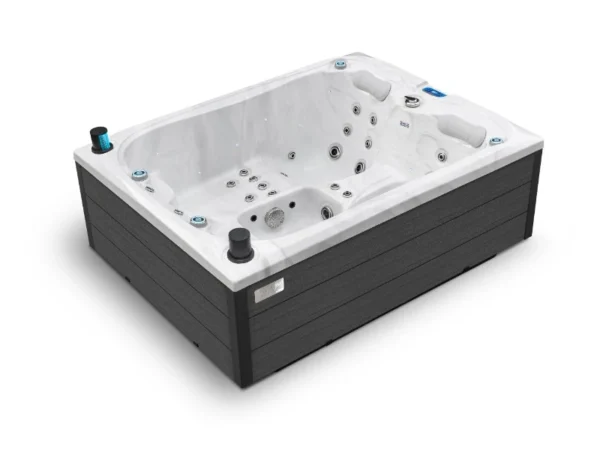 Jacuzzi Emerald în marmură albă cu iluminarea pornită – elementele din colțuri luminează în albastru