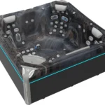 Everest hot tub with gray cladding and a Midnight Canyon shell, view from above and the side