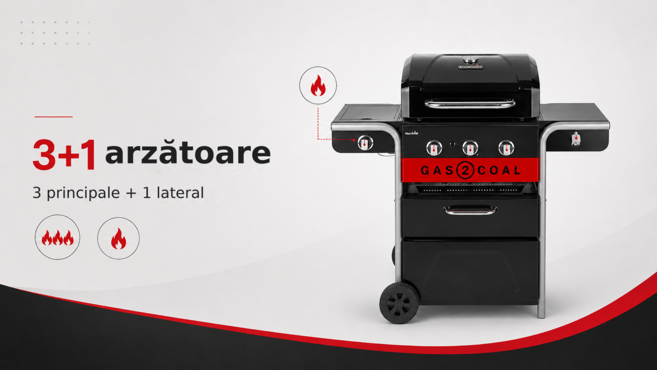 Grătar hibrid Char-Broil Gas2Coal 2.0 3B – gaz și cărbuni – 3+1 arzătoare, 3 principale + 1 lateral