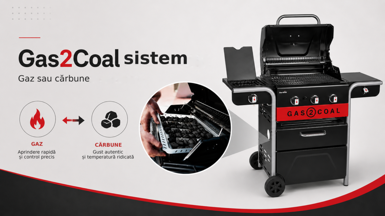 Grătar hibrid Char-Broil Gas2Coal 2.0 3B – gaz și cărbuni – Gas2Coal sistem, Gaz sau cărbune