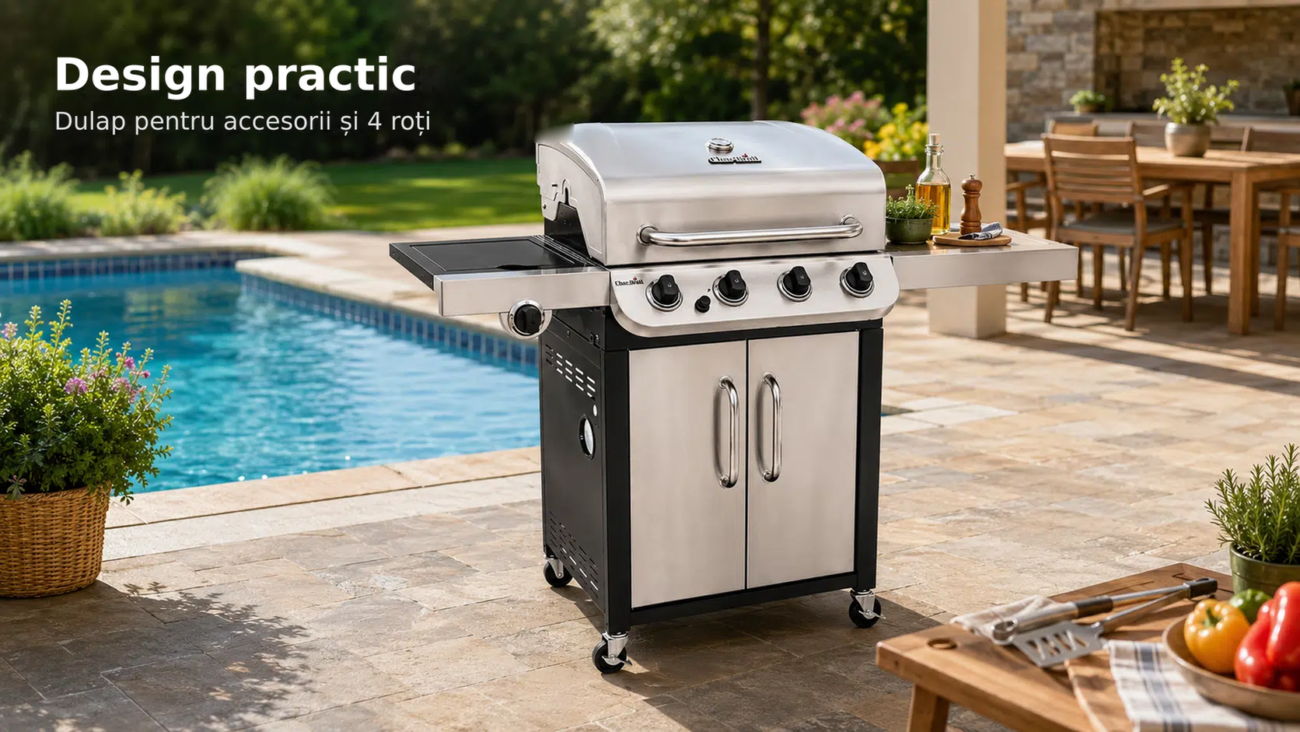 Grătar pe gaz Char-Broil Convective 440S – 4+1 arzătoare, grătar din fontă și arzător lateral – Design practic, Dulap pentru