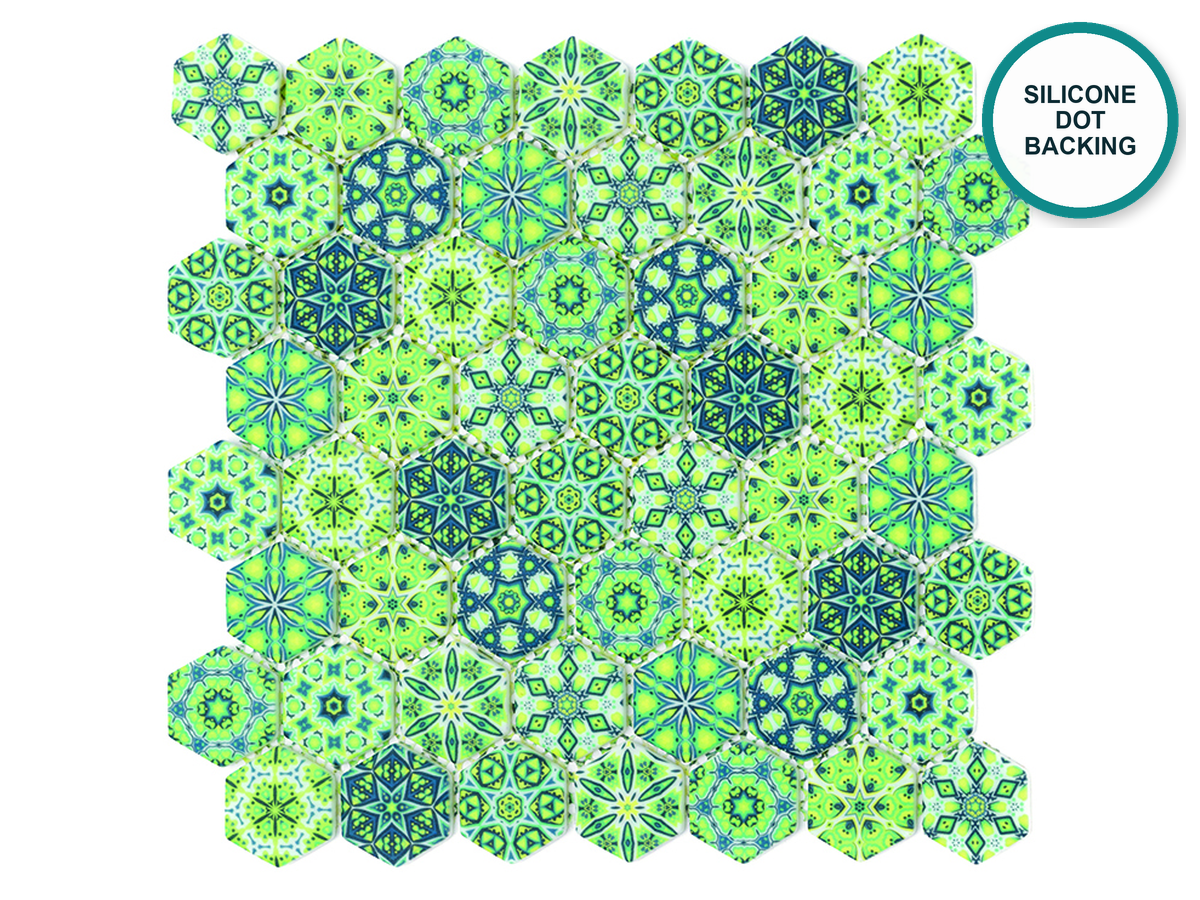 Hexagonal glass-ceramic bathroom mosaic Bambù – lime green pattern with mandalas, 300 × 290 mm sheet