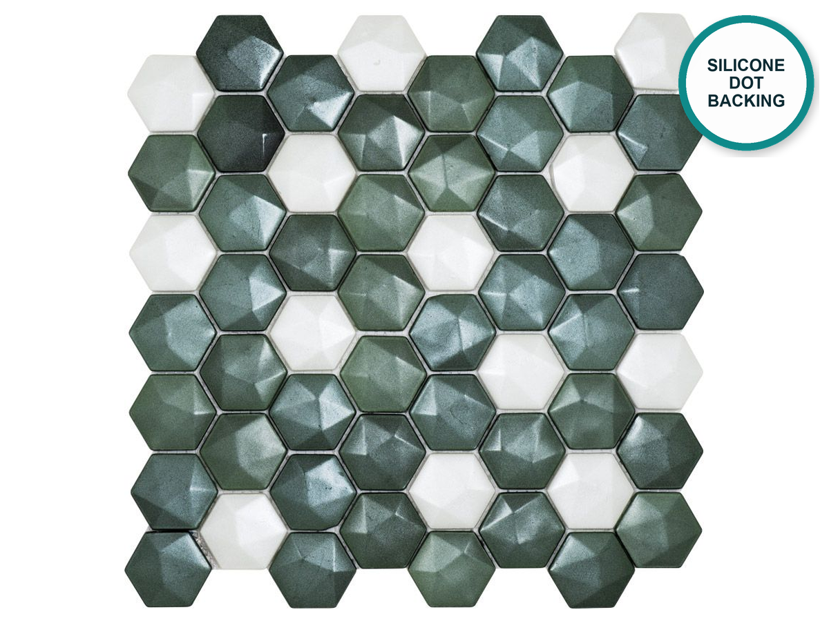 Hexagonal glass-ceramic mosaic for bathroom Connemara – dark green-grey mix, sheet 300 × 290 mm