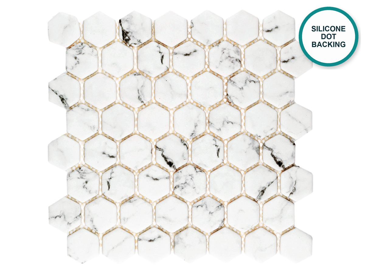 Hexagonal glass-ceramic bathroom mosaic Pentelikon – white marble with fine veins, sheet 300 × 290 mm