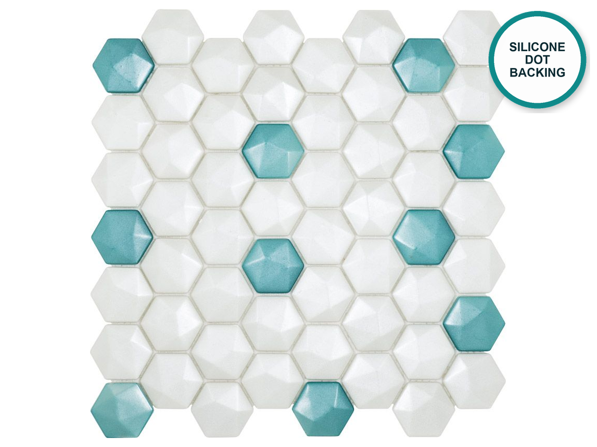 Hexagonal glass-ceramic mosaic for bathroom Vilankulo – white with single turquoise hexagons, sheet 300 × 290 mm