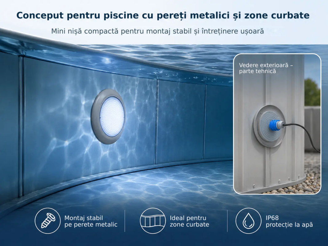 Iluminat subacvatic LED RGB POOLSANA VARIO 25W cu 7 culori, ramă gri și telecomandă – Concept pentru piscine cu pereți metali