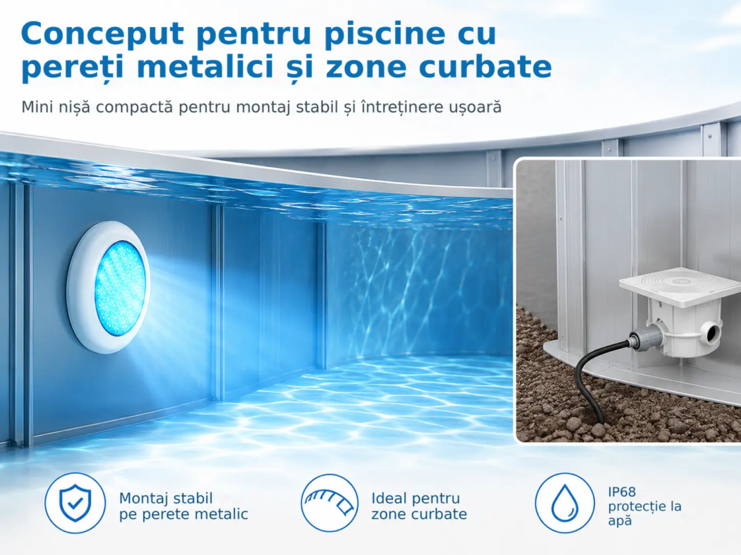 Iluminat subacvatic LED RGB POOLSANA VARIO 25W cu 7 culori, ramă albă și telecomandă – Conceput pentru piscine cu pereți meta