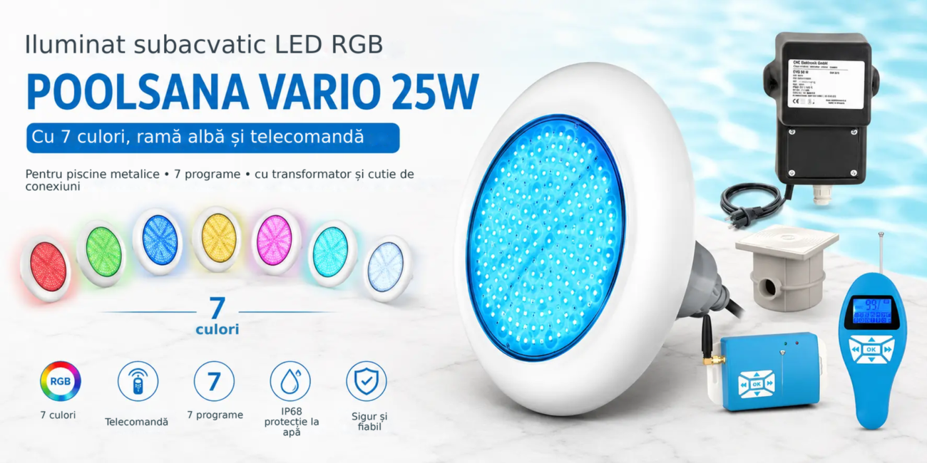 Iluminat subacvatic LED RGB POOLSANA VARIO 25W cu 7 culori, ramă albă și telecomandă – Iluminat subacvatic LED RGB, Cu 7 culo