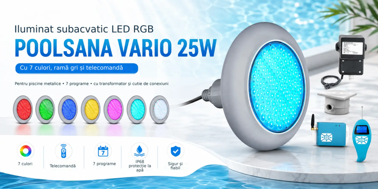 Iluminat subacvatic LED RGB POOLSANA VARIO 25W cu 7 culori, ramă gri și telecomandă – Iluminat subacvatic LED RGB, Cu 7 culor