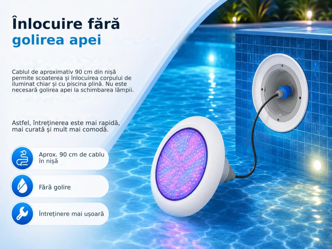 Iluminat subacvatic LED RGB POOLSANA VARIO 25W cu 7 culori – Înlocuire fără, golirea apei
