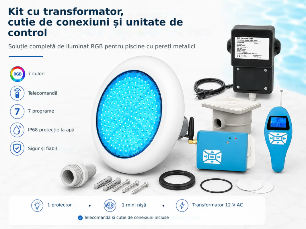 Iluminat subacvatic LED RGB POOLSANA VARIO 25W cu 7 culori, ramă albă și telecomandă – Kit cu transformator, cutie de conexiu