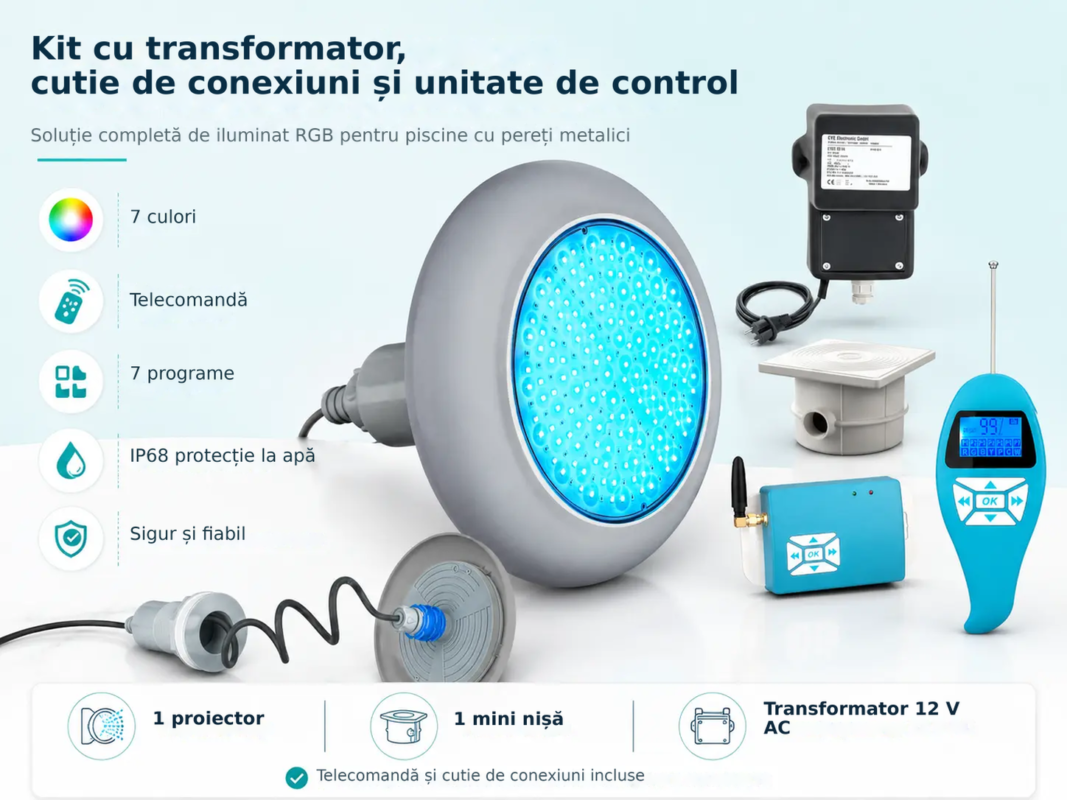 Iluminat subacvatic LED RGB POOLSANA VARIO 25W cu 7 culori, ramă gri și telecomandă – Kit cu transformator, cutie de conexiun
